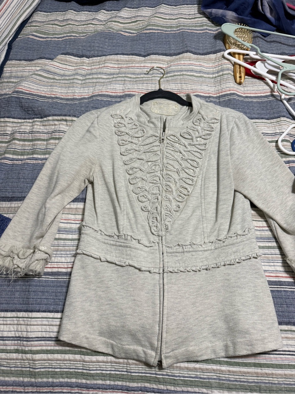 Light Gray Women's Zip Front Jacket with Decorative Trim